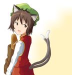  :d absurdres animal_ears bad_id bad_pixiv_id bag black_hair bob_cut bread brown_eyes carrying cat_ears cat_tail chen earrings food from_behind hat highres jewelry looking_back multiple_tails nuwara_eliya open_mouth short_hair single_earring smile solo standing tail touhou turtleneck 