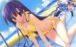  arm_support beach beamed_eighth_notes bikini blue_hair blush bracelet breasts cleavage cloud copyright_name day dutch_angle eighth_note flower frilled_bikini frills front-tie_top highres hoshizora_e_kakaru_hashi jewelry koumoto_madoka light_smile logo long_hair medium_breasts musical_note musical_note_print outdoors purple_eyes ryouka_(suzuya) side-tie_bikini sky solo swimsuit thigh_gap treble_clef very_long_hair wallpaper yellow_bikini 