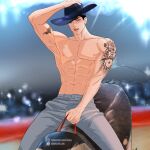  1boy arm_tattoo bara bare_pectorals black_eyes black_hair blurry blurry_background cowboy_hat denim hat highres isidorathollan1 jeans jinx_(manhwa) joo_jaekyung male_focus mechanical_bull muscular muscular_male pants pectorals rodeo short_hair solo tattoo topless_male 