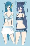  bikini blue_hair emukon frilled_bikini frills front-tie_top gen_1_pokemon gen_4_pokemon long_hair lumineon multiple_girls personification pokemon ponytail striped striped_bikini striped_swimsuit swimsuit vaporeon 