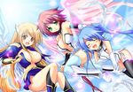  ahoge angel_wings astraea blonde_hair blue_hair breasts chain cleavage collar feathers gloves green_eyes hair_ribbon ikaros large_breasts long_hair multiple_girls navel nymph_(sora_no_otoshimono) open_mouth pink_hair red_eyes ribbon skirt smile sora_no_otoshimono thighhighs twintails white_gloves wings 