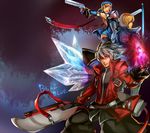  2boys bad_id bad_pixiv_id black_pants blazblue blonde_hair bolverk copyright_name green_eyes gun handgun heterochromia ice jin_kisaragi male_focus multiple_boys noel_vermillion pants ragna_the_bloodedge red_eyes silver_hair sword umino_namako_(namakoya) uniform weapon yukianesa 