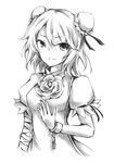  bad_id bad_pixiv_id bandages bun_cover chinese_clothes cuffs double_bun flower greyscale ibaraki_kasen monochrome shackles solo touhou umitsu 