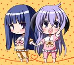  :&lt; blue_hair blush bow chibi furude_rika hanyuu heart heart_in_mouth higurashi_no_naku_koro_ni holding_hands horns long_hair multiple_girls open_mouth pajamas pink_bow purple_eyes purple_hair tako_(all_delete) waving 