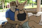 5_fingers anthro anthro_on_anthro bench black_nose bottomwear breasts brown_body brown_fur canid canine chase_hunter choker clothed clothed_anthro clothed_female clothed_male clothing duo echo_(game) echo_(series) echo_project female fingers fox fur hand_holding hi_res interspecies interspecies_romance jenna_begay jewelry kiss_on_lips kissing kit_fox male male/female mammal mustelid necklace otter pants park photo_background photography_(artwork) romantic romantic_couple shirt shorts sitting t-shirt tail tan_body tan_fur tank_top topwear true_fox unsafescapewolf