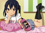  :&lt; akky arm_support bed black_hair blush brown_eyes clothes_writing handheld_game_console hirasawa_ui k-on! legs long_hair lying nakano_azusa on_stomach ore_no_imouto_ga_konna_ni_kawaii_wake_ga_nai parody pillow playstation_portable product_placement seiyuu_connection shirt skirt solo t-shirt taketatsu_ayana twintails 