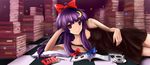  bad_anatomy book crescent crescent_hair_ornament cup dzc23 food hair_ornament hakurei_reimu nightgown patchouli_knowledge pocky purple_hair solo teacup touhou yukkuri_shiteitte_ne 