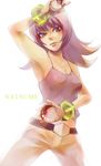  armpits bangle belt bracelet camisole character_name cowboy_shot flipped_hair glowing highres holding holding_poke_ball jewelry makoto1009 natsume_(pokemon) poke_ball pokemon pokemon_(game) pokemon_hgss purple_hair simple_background solo white_background 