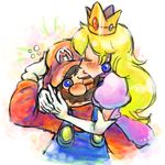  1girl bad_id bad_pixiv_id blonde_hair blue_eyes blush brown_hair crown earrings elbow_gloves embarrassed facial_hair gloves hat jewelry kiss long_hair mario mario_(series) mustache princess_peach shiro_tebukuro_r super_mario_bros. 