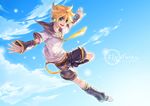  aqua_eyes bad_id bad_pixiv_id blonde_hair bxyzic cloud day headphones headset kagamine_len male_focus necktie sky smile solo vocaloid yellow_neckwear 