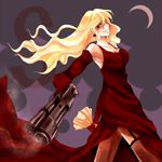  bad_id bad_pixiv_id bare_shoulders blonde_hair breasts cleavage crescent dress earrings elbow_gloves elysion fishnets gloves grin gun jewelry large_breasts long_hair miyakure red_eyes smile solo sound_horizon stella_(sound_horizon) thighhighs weapon 