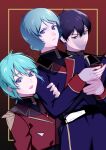  1girl 2boys alternate_universe belt black_belt black_eyes black_hair blue_eyes blue_hair braid char's_counterattack closed_eyes closed_mouth epaulettes green_hair gundam gyunei_guss highres kamille_bidan looking_at_viewer military_uniform multiple_boys neo_zeon open_mouth quess_paraya rice_mark6 science_fiction smile super_robot_wars super_robot_wars_y twin_braids upper_body zeta_gundam 