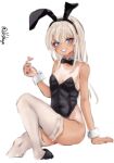  1girl alternate_costume animal_ear_hairband animal_ears black_bow black_bowtie black_leotard black_shoes blonde_hair blue_eyes bow bowtie breasts detached_collar fake_animal_ears finger_heart grin hairband highleg highleg_leotard highres invisible_chair kantai_collection leotard lilshigu long_hair one-hour_drawing_challenge one-piece_tan playboy_bunny rabbit_ears ro-500_(kancolle) shoes sitting small_breasts smile solo strapless strapless_leotard tan tanlines thighhighs white_thighhighs wrist_cuffs 