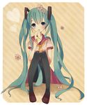  aqua_eyes aqua_hair ayu_(mog) bad_id bad_pixiv_id blush envelope flower hair_flower hair_ornament hatsune_miku letter loafers long_hair love_letter mouth_hold pantyhose rounded_corners school_uniform serafuku shoes sitting skirt solo tears twintails very_long_hair vocaloid 