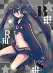  910 bikini_top black_hair black_rock_shooter black_rock_shooter_(character) blue_eyes boots burning_eye coat long_hair midriff navel scar shorts solo star twintails 