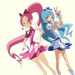  :d blue_eyes blue_hair blue_skirt boots bow choker cure_blossom cure_marine hair_bow hanasaki_tsubomi hands_on_hips heart heartcatch_precure! kurumi_erika long_hair magical_girl makacoon multiple_girls open_mouth pink_bow pink_choker pink_eyes pink_hair ponytail precure simple_background skirt smile standing v very_long_hair wrist_cuffs 