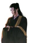  1boy asian black_eyes black_hair black_kimono blood blood_on_face blood_on_neck closed_mouth crossed_arms getou_suguru highres japanese_clothes jujutsu_kaisen kimono long_hair male_focus plug_(piercing) simple_background solo sudstance twitter_username white_background 