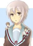  2boys bad_id bad_pixiv_id brown_eyes cardigan kita_high_school_uniform koizumi_itsuki kyon miniboy multiple_boys nagato_yuki school_uniform serafuku short_hair silver_hair suzumiya_haruhi_no_yuuutsu ukigumo 