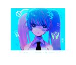  1girl bandaid bandaid_on_face black_necktie blue_background blue_hair border collared_shirt commentary_request hatsune_miku highres long_hair looking_at_viewer mawarusanso necktie no_symbol open_mouth shirt simple_background solo translation_request twintails upper_body vocaloid white_border white_shirt x_(symbol) 