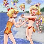  aki_minoriko aki_shizuha beach bikini blonde_hair brown_hair casual_one-piece_swimsuit chen cloud daiyousei day flying gap green_hair hair_ornament ibuki_suika kawashiro_nitori leaf_hair_ornament lowres multiple_girls nanashii_(soregasisan) one-piece_swimsuit outdoors red_eyes rumia school_swimsuit swimsuit touhou volleyball water yakumo_ran yakumo_yukari 