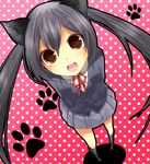  animal_ears ayuko_(ayuco) bad_id bad_pixiv_id black_hair brown_eyes cat_ears from_above highres k-on! long_hair looking_up nakano_azusa neck_ribbon perspective red_ribbon ribbon school_uniform solo twintails 