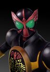 armor black_background breastplate green_eyes kamen_rider kamen_rider_ooo kamen_rider_ooo_(series) looking_at_viewer m_spark male_focus simple_background solo upper_body 