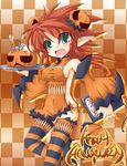  :d checkered checkered_background copyright_request covered_navel detached_sleeves fang food food_themed_hair_ornament fork green_eyes hair_ornament halloween happy_halloween ice_cream jack-o'-lantern knife menu naked_tabard open_mouth orange_(color) orange_background pointy_ears pumpkin pumpkin_hair_ornament red_hair reku short_hair smile solo spiked_hair standing standing_on_one_leg striped striped_legwear tabard thighhighs 