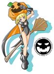  asakura_yuu blonde_hair boots broom cape full_body gloves golden_sun halloween happy_halloween jack-o'-lantern leotard pumpkin pumpkin_hat purple_eyes shiba_(golden_sun) short_hair solo white_background 