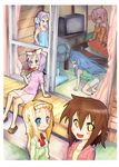  bad_id bad_pixiv_id casual electric_fan fanning_face fanning_self food fruit hiiragi_kagami hiiragi_tsukasa izumi_konata kusakabe_misao lucky_star minegishi_ayano multiple_girls pro takara_miyuki watermelon 