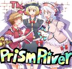  bad_id bad_pixiv_id blonde_hair brown_eyes brown_hair closed_eyes hands_on_shoulders hat hat_removed headwear_removed holding holding_hat kasuteru lavender_hair lunasa_prismriver lyrica_prismriver merlin_prismriver multiple_girls purple_eyes siblings sisters touhou 