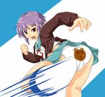  animal_print back-print_panties bear_panties bear_print brown_eyes cardigan clenched_hand kicking kita_high_school_uniform midriff nagato_yuki open_mouth panties print_panties purple_hair redlark school_uniform serafuku short_hair shouting skirt solo speed_lines suzumiya_haruhi_no_yuuutsu underwear 