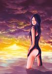  3_degrees_celsius ass back bad_id bad_pixiv_id cloud long_hair looking_back nude ocean original purple_eyes purple_hair shadow solo sunset wading water 