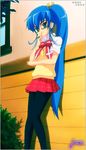  angry artist_request blue_eyes blue_hair glasses long_hair nanatsuiro_drops pantyhose ponytail school_uniform solo very_long_hair yuuki_nona 