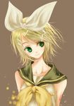  blonde_hair bow green_hair hair_bow hair_ornament hairclip head_tilt headset honokan kagamine_rin short_hair simple_background solo upper_body vocaloid 