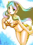  animal_print bad_id bad_pixiv_id bandeau bikini breasts cleavage green_eyes green_hair horns kouzuki_mayuki large_breasts long_hair lum solo strapless swimsuit tiger_print tubetop urusei_yatsura 