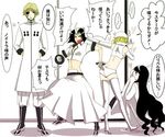  3girls angry arrancar artist_request ass black_hair bleach blonde_hair blush boots clenched_hands crop_top cyan_sung-sun emilou_apacci eyepatch gloves horns lilynette_gingerbuck long_hair lowres midriff multiple_girls navel open_mouth short_hair skirt tesra_lindocruz thighhighs translated very_long_hair white_legwear 