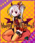  albino antennae copyright_request fang grin halloween happy_halloween horns kaida_michi long_hair pink_eyes pointy_ears smile solo squatting thighhighs v white_hair wings 