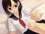  artist_request blush brown_eyes brown_hair copyright_request dutch_angle hands non-web_source outstretched_arm outstretched_hand reaching school_uniform serafuku short_hair solo 