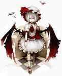  animal ascot bat bat_wings brooch checkered checkered_floor faux_figurine gem jewelry looking_at_viewer puffy_short_sleeves puffy_sleeves remilia_scarlet riku_(wana) short_sleeves silver_hair simple_background solo touhou white_background wings 