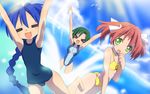 &gt;_&lt; :3 =_= \o/ alternate_hairstyle armpits arms_up bikini blue_hair braid closed_eyes cloud cousins day family finger_to_mouth flat_chest green_eyes green_hair izumi_konata kobayakawa_yutaka long_hair lucky_star multiple_girls narumi_yui one-piece_swimsuit outstretched_arms pink_hair short_hair short_twintails siblings sisters sora_to_umi swimsuit twintails water x3 