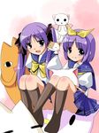  azumanga_daiou binzume_yousei blue_eyes cat chiyo_chichi crossover hello_kitty highres hiiragi_kagami hiiragi_tsukasa long_hair lucky_star multiple_girls nekito oboro_(binzume_yousei) purple_hair ribbon ryouou_school_uniform school_uniform serafuku shamisen_(suzumiya_haruhi) short_hair socks suzumiya_haruhi_no_yuuutsu twintails yellow_neckwear 