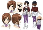  artist_request ascot belt brown_eyes brown_hair concept_art expressionless looking_at_viewer lydia_(tytania) multiple_views pantyhose purple_legwear skirt standing tytania white_skirt 