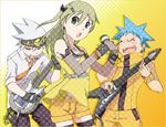  2boys bad_id bad_pixiv_id bass_guitar black_star blonde_hair blue_hair closed_eyes elbow_gloves gloves green_eyes guitar hishiki instrument long_hair maka_albarn microphone multiple_boys music short_hair singing soul_eater soul_eater_(character) thighhighs white_hair 