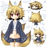  animal_ears bike_shorts blonde_hair fox_ears fox_tail japanese_clothes lowleg midriff multiple_views navel original reku sanbi_(reku) short_hair shorts tail translated 