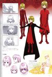  1girl blonde_hair brother_and_sister child cloak concept_art drag-on_dragoon drag-on_dragoon_1 dress elbow_gloves fujisaka_kimihiko gloves green_eyes manah multiple_boys non-web_source official_art page_number red_eyes seere siblings smile twins 