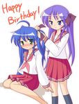  ahoge birthday blush hair_ribbon happy_birthday hiiragi_kagami izumi_konata lucky_star mel_(melty_pot) mole mole_under_eye multiple_girls pink_neckwear purple_hair ribbon ryouou_school_uniform school_uniform serafuku tying 