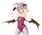  animal_print armpits arms_up bat_print flat_chest head_wings honokan leotard lilith_aensland open_mouth pantyhose print_legwear purple_hair red_eyes red_leotard short_hair solo vampire_(game) wings 