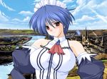  artist_request blue_hair blush breasts copyright_request covered_nipples detached_sleeves huge_breasts landscape maid non-web_source red_eyes scenery short_hair solo source_request 