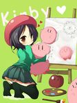  adeleine apple art_brush artist_request beret black_hair black_legwear brown_eyes dark_matter food fruit hat heart hug kirby kirby_(series) kirby_64 paint paintbrush palette panties pantyshot short_hair skirt striped striped_panties thighhighs underwear 