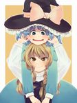  &gt;:) blonde_hair blue_eyes blue_hair blush bow braid cheek_pinching hair_ribbon hat hat_ribbon kawashiro_nitori kirisame_marisa long_hair mow multiple_girls pinching ribbon smile touhou two_side_up v-shaped_eyebrows witch_hat yellow_eyes 